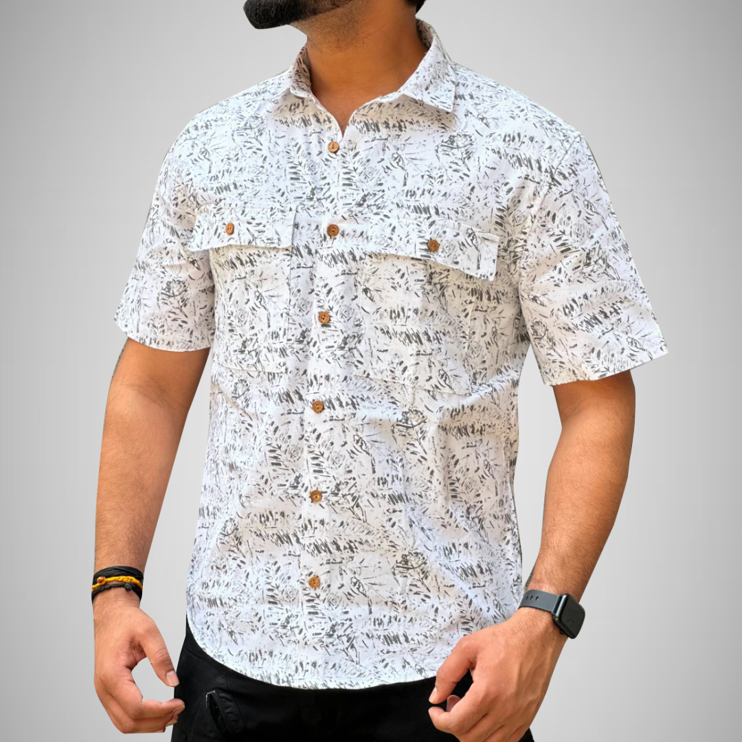 WHITE AND GREY LEAFY PATTERN SHIRT