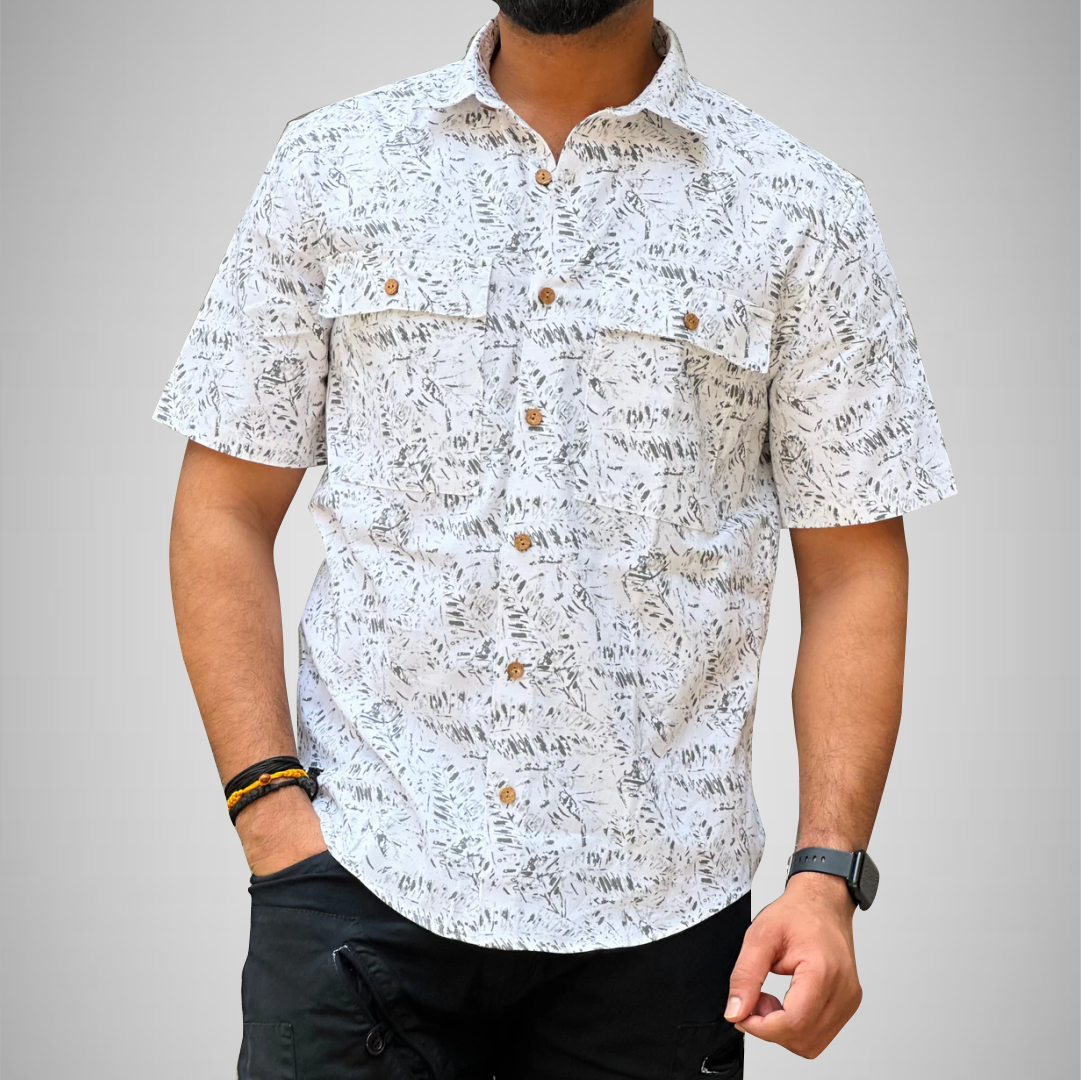 WHITE AND GREY LEAFY PATTERN SHIRT