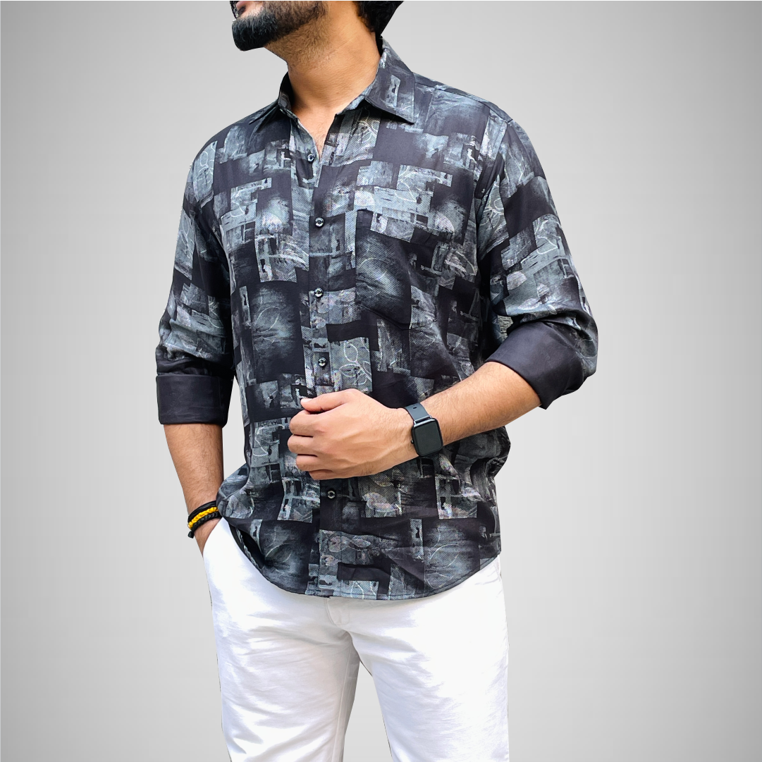 BLACK AND GREY PATCH PRINTED SHIRT - WRINKLE FREE