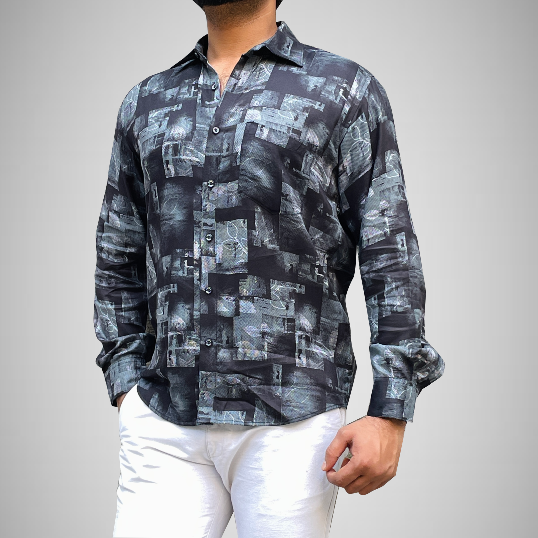 BLACK AND GREY PATCH PRINTED SHIRT - WRINKLE FREE