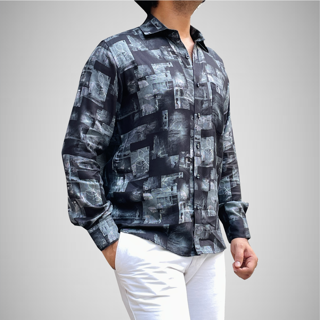 BLACK AND GREY PATCH PRINTED SHIRT - WRINKLE FREE