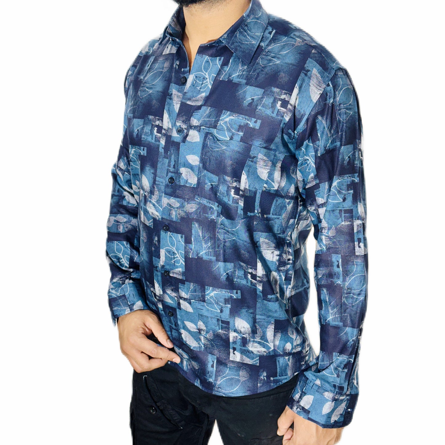 BLUE AND GREY PATCH PRINTED SHIRT - WRINKLE FREE