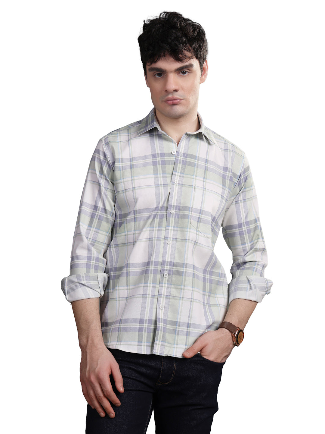 LIGHT GREEN AND WHITE GLEN CHECK SHIRT