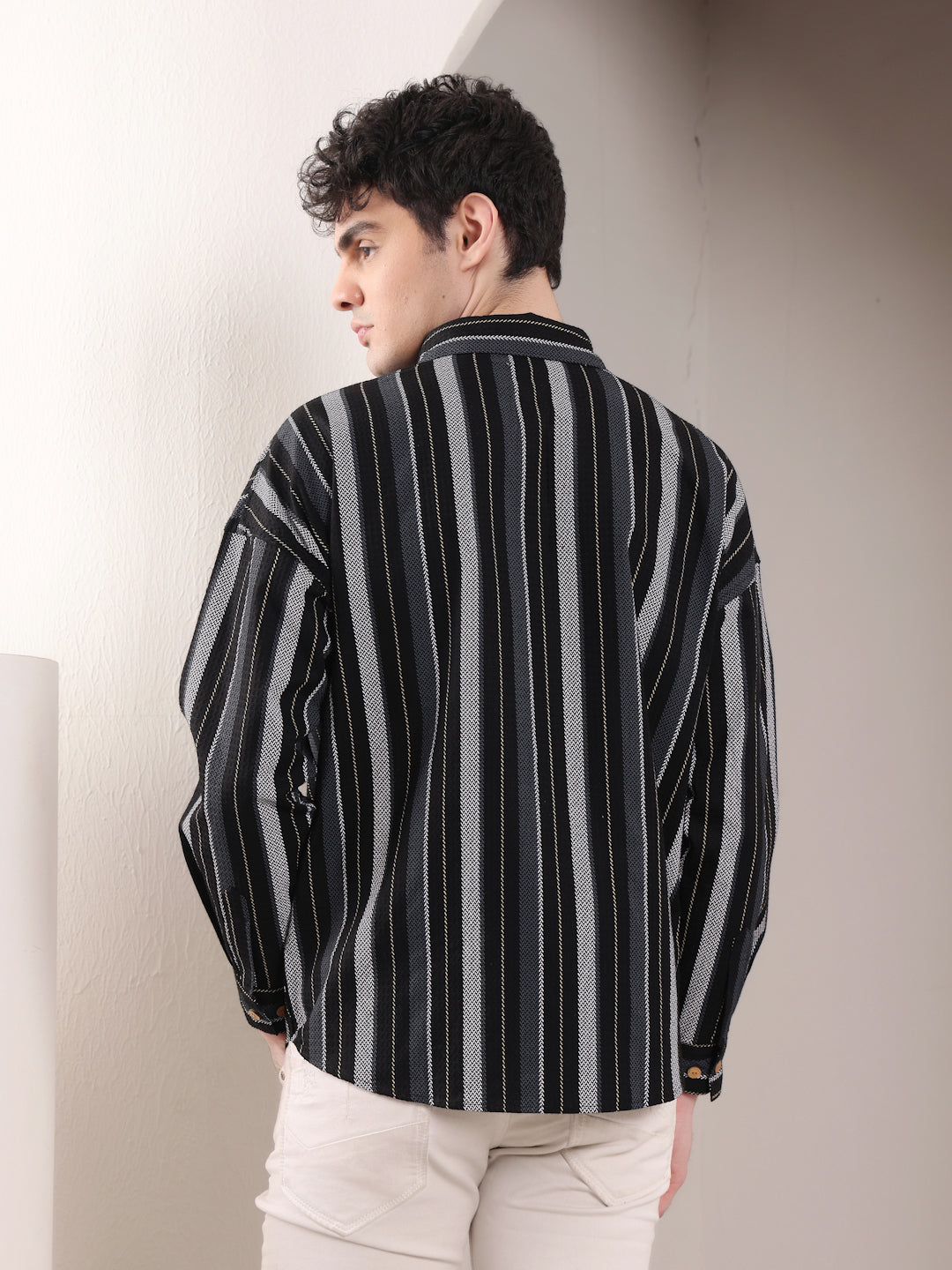 BLACK STRIPED  DOWN SHOULDER  COTTON SHIIRT