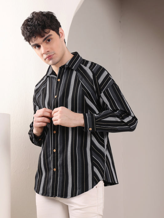 BLACK STRIPED  DOWN SHOULDER  COTTON SHIIRT