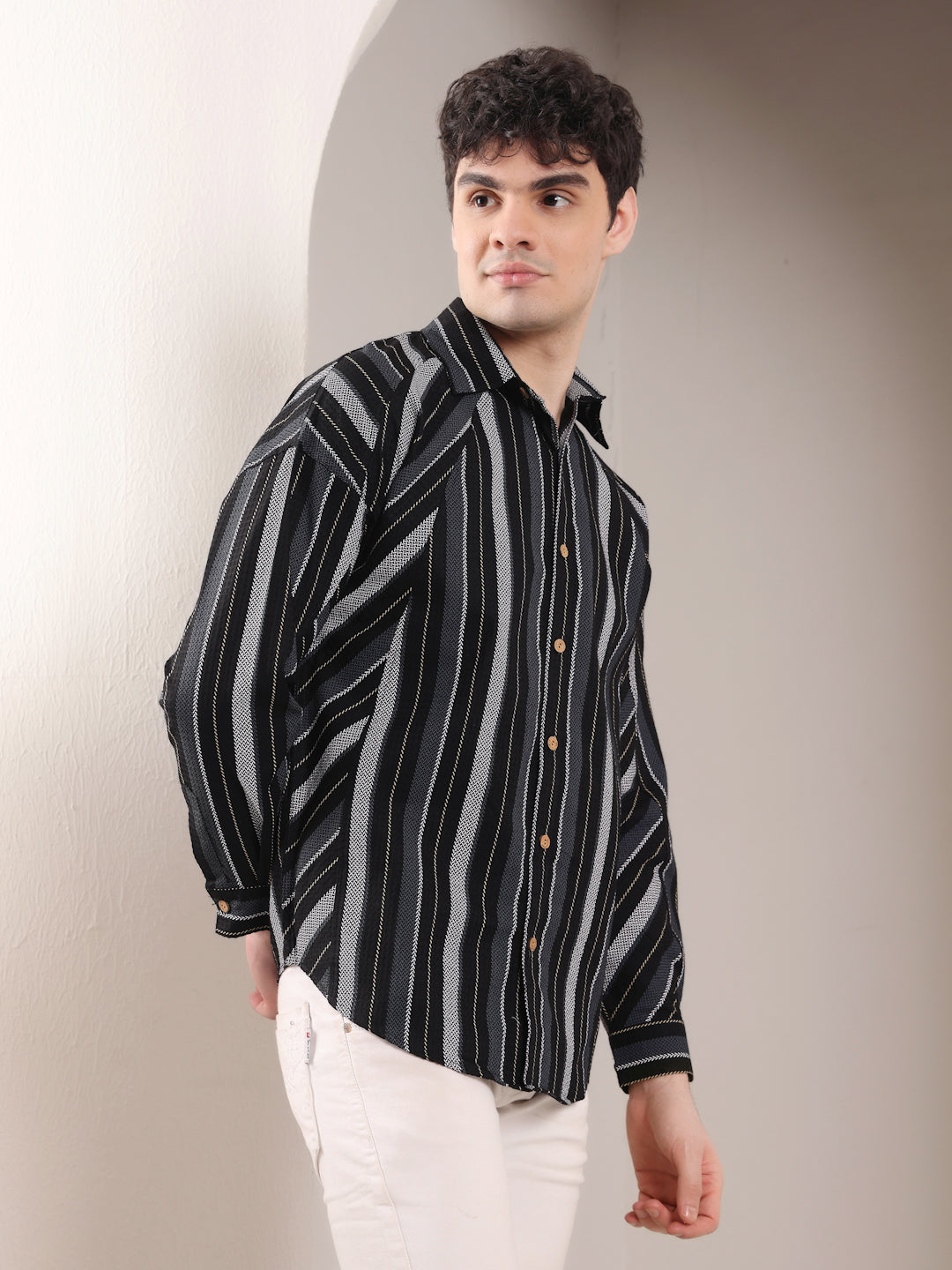 BLACK STRIPED  DOWN SHOULDER  COTTON SHIIRT