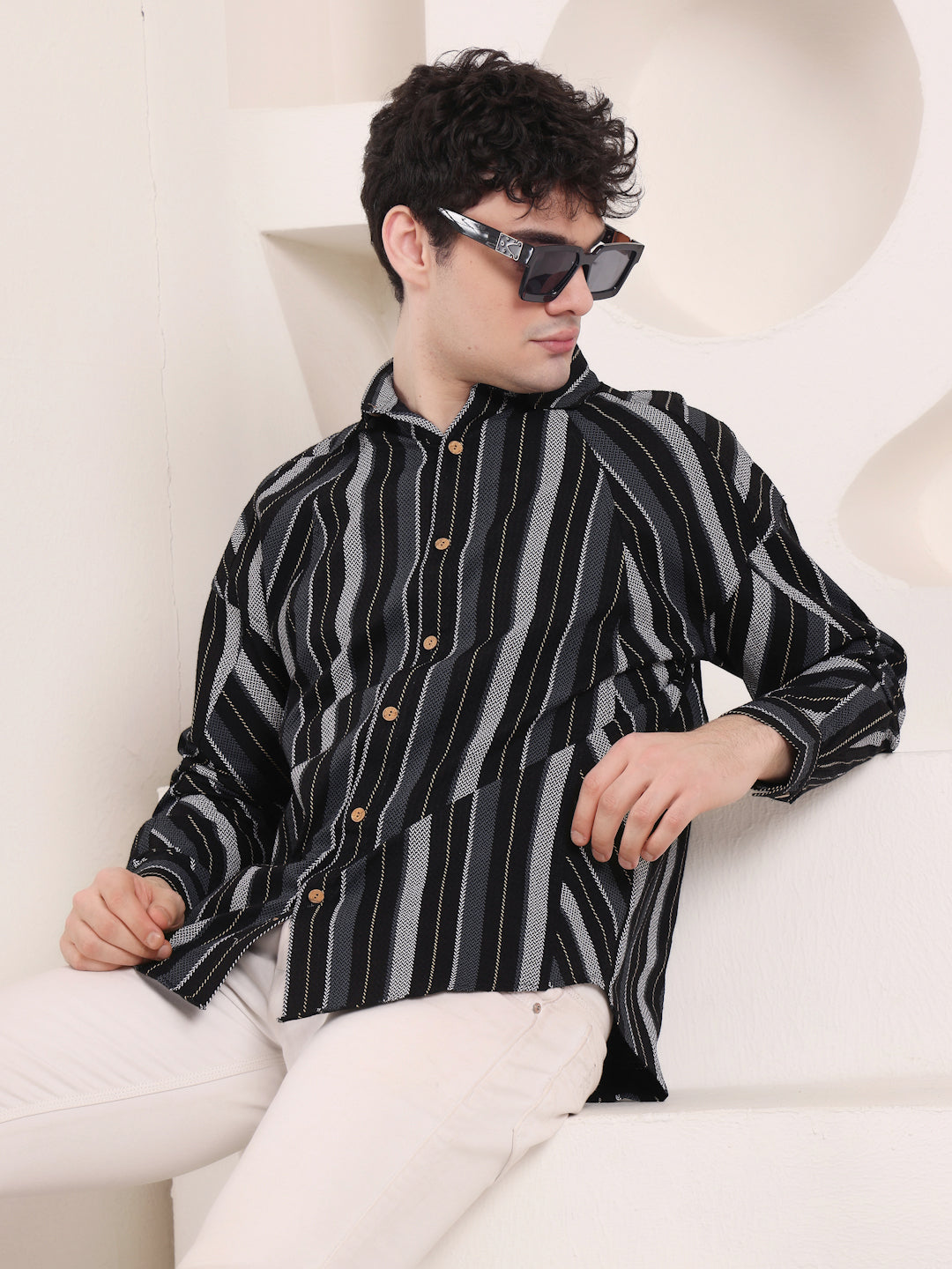 BLACK STRIPED  DOWN SHOULDER  COTTON SHIIRT