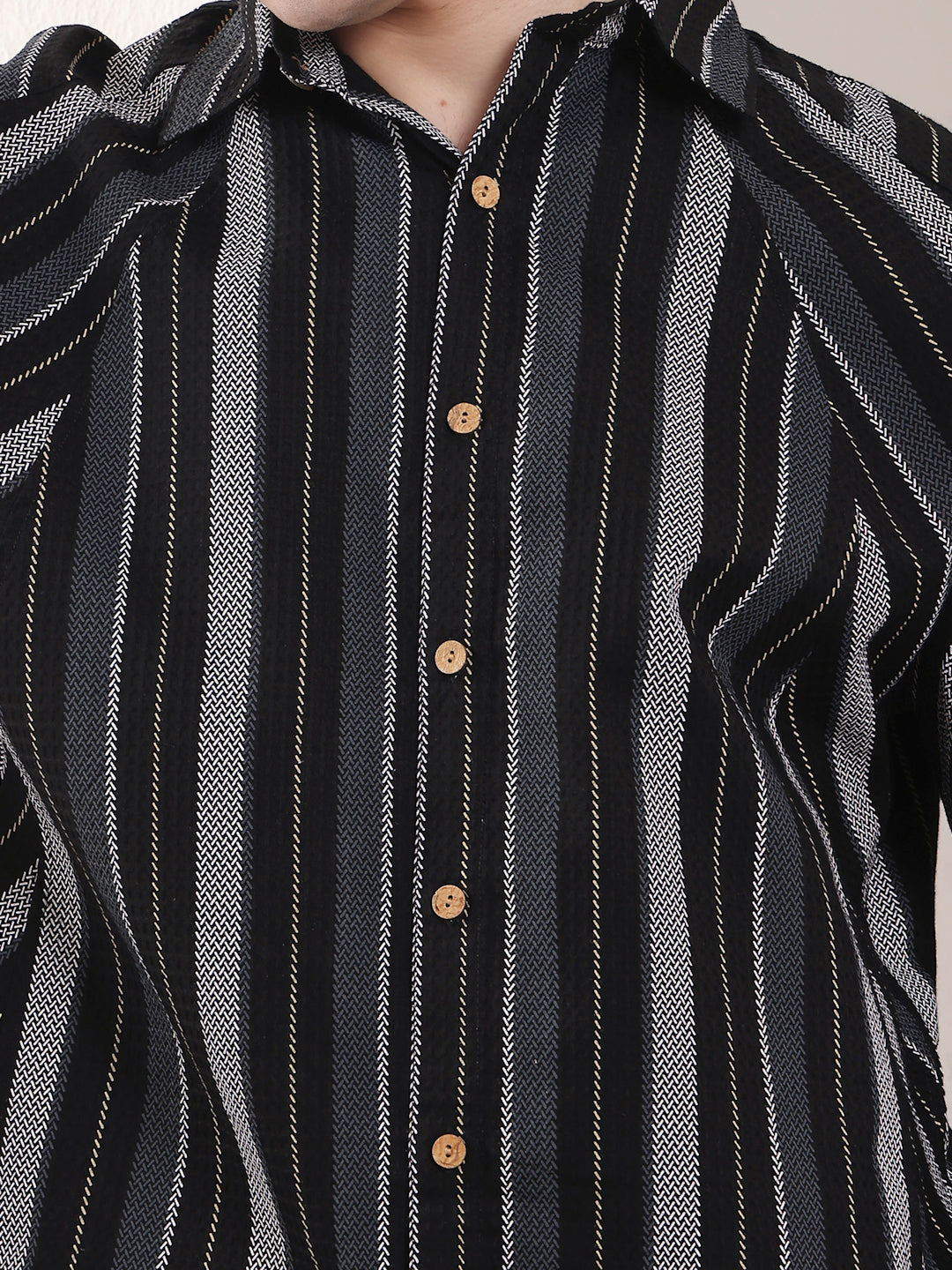 BLACK STRIPED  DOWN SHOULDER  COTTON SHIIRT