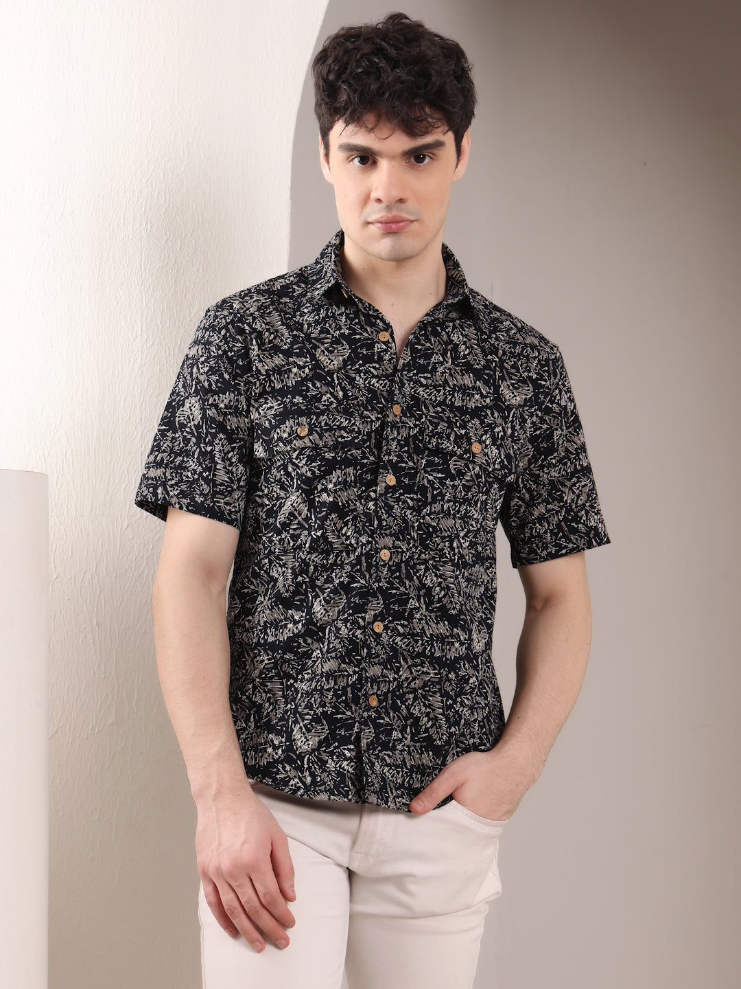 BLACK AND GOLDEN LEAFY PATTERN SHIRT