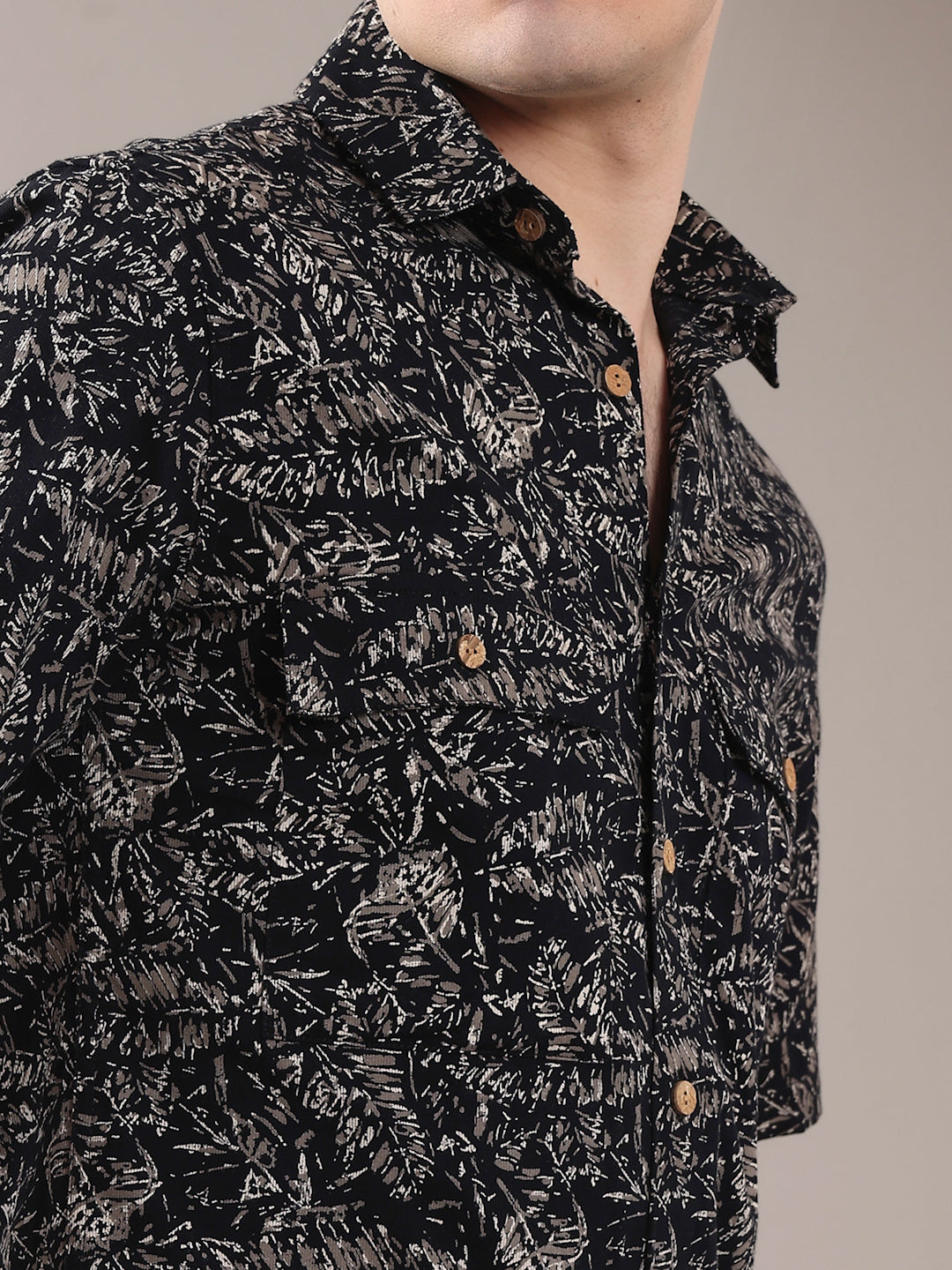 BLACK AND GOLDEN LEAFY PATTERN SHIRT