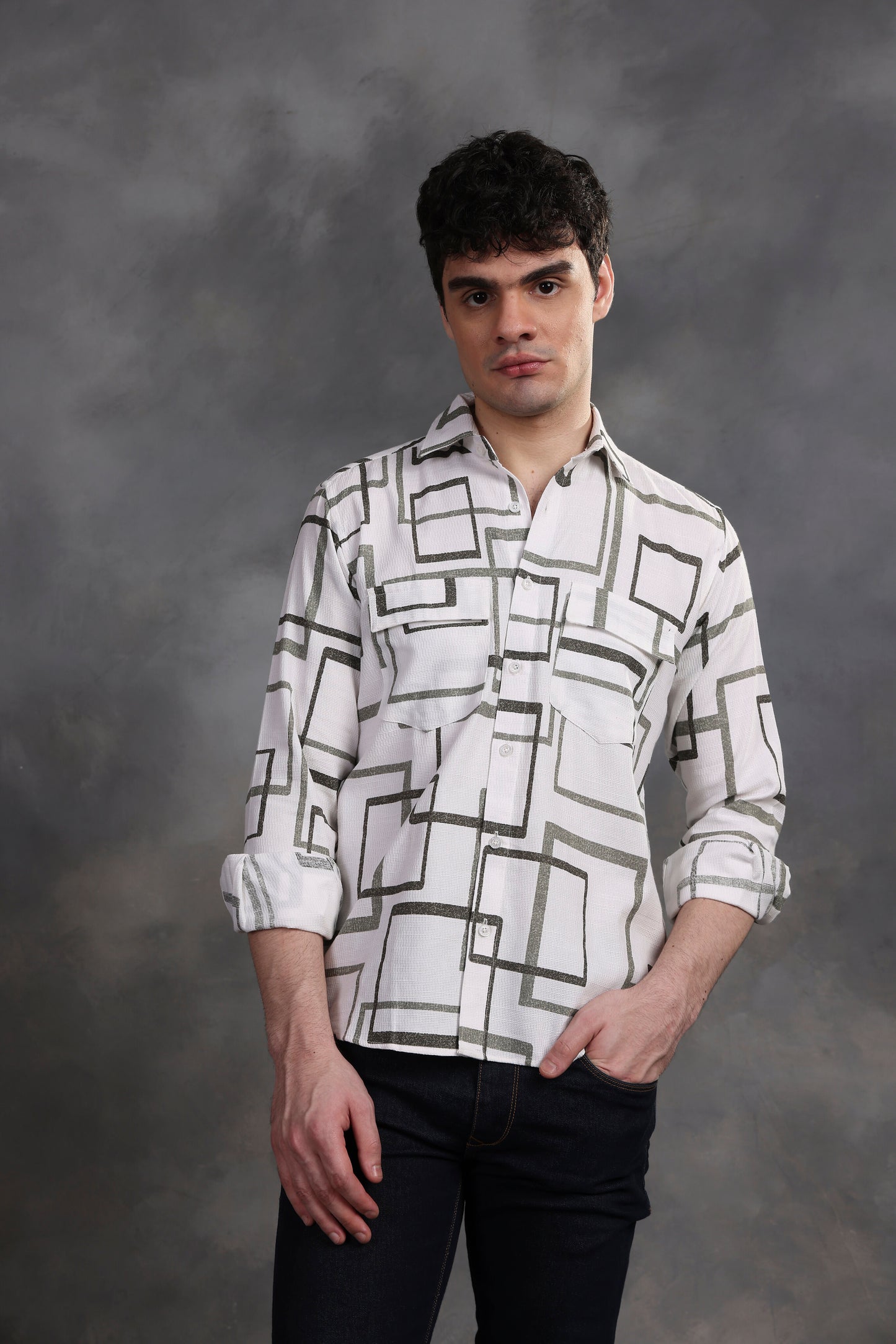 OLIVE GREEN AND WHITE MATRIX PRINTED SHIRT