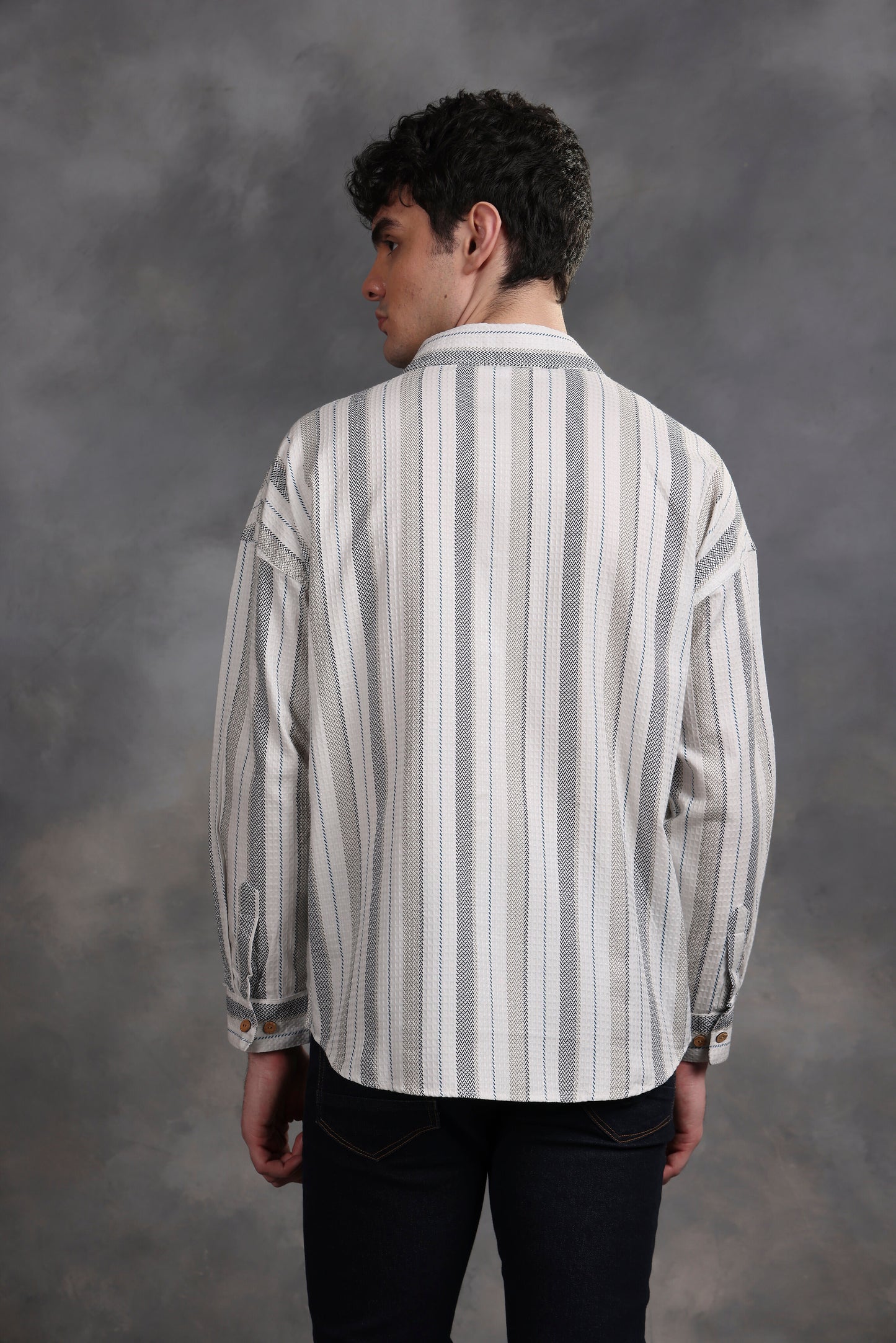 WHITE STRIPED DOWN SHOULDER COTTON SHIIRT