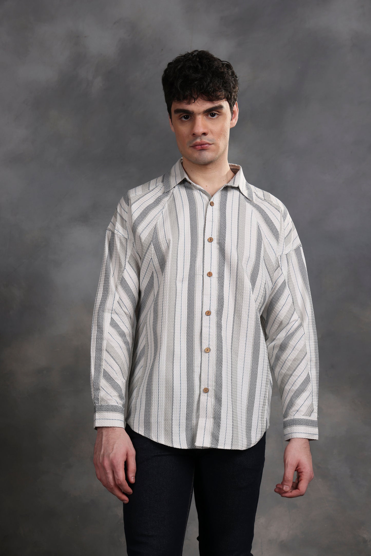 WHITE STRIPED DOWN SHOULDER COTTON SHIIRT