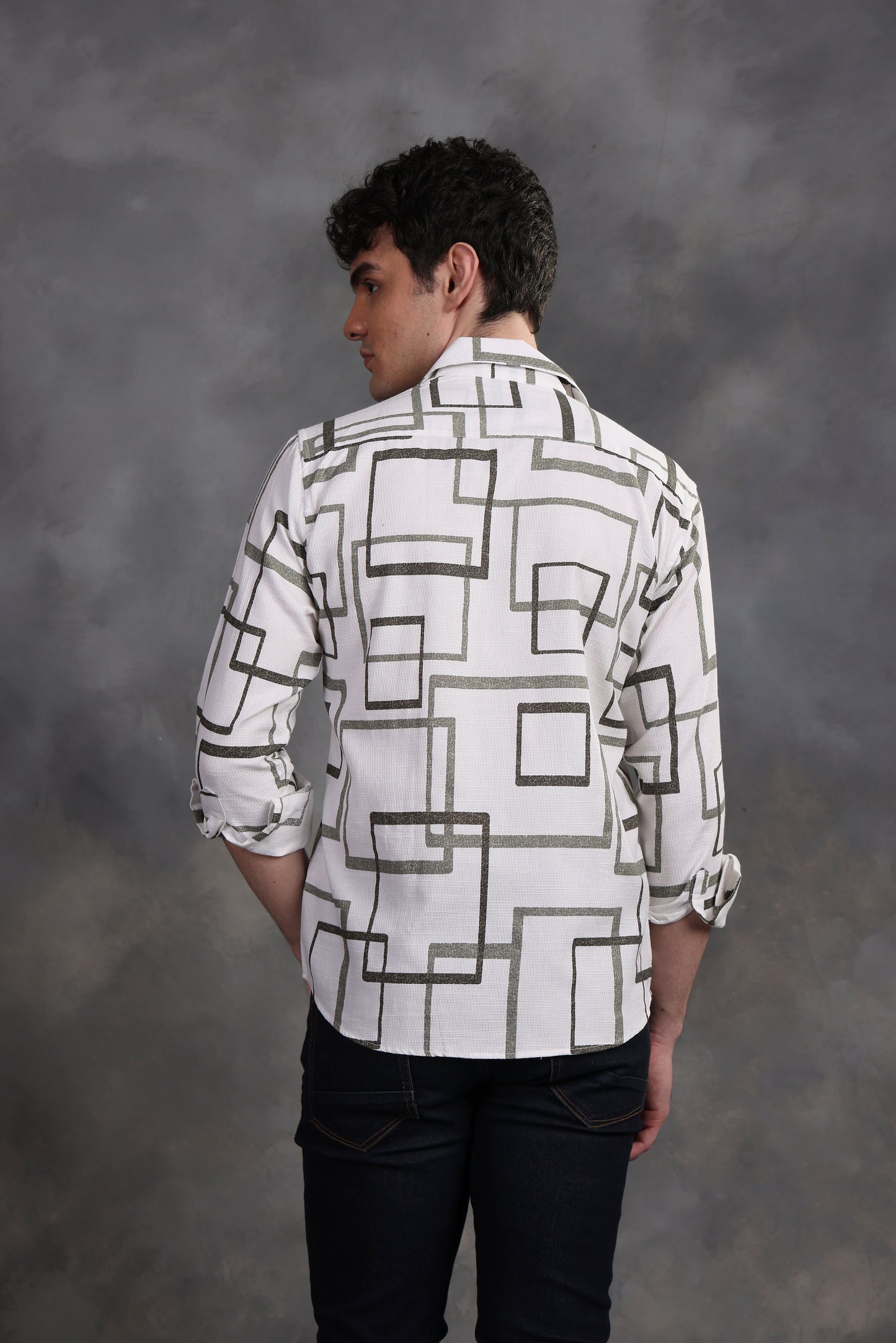 OLIVE GREEN AND WHITE MATRIX PRINTED SHIRT