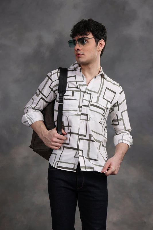 OLIVE GREEN AND WHITE MATRIX PRINTED SHIRT